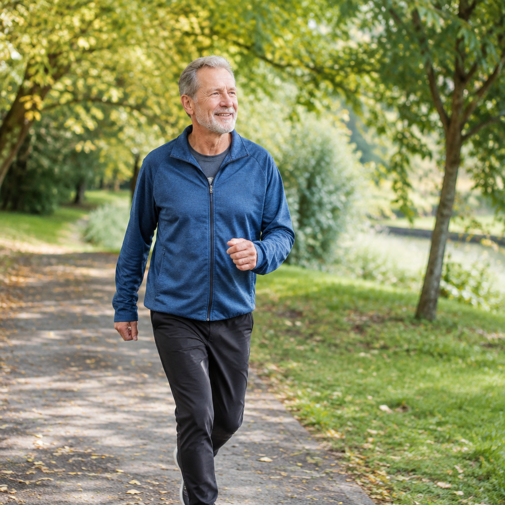 Man in his 60s taking a brisk morning walk on a leafy park path