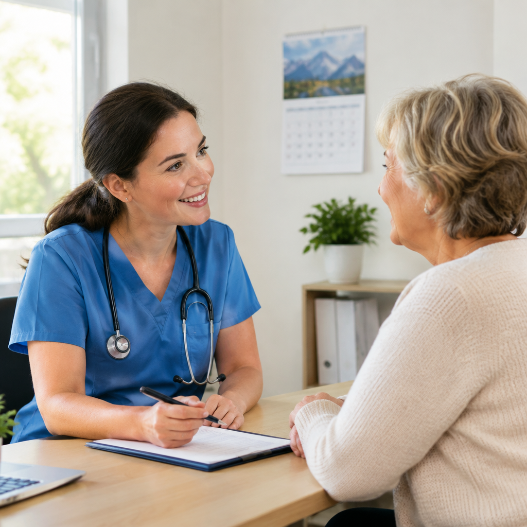 Nurse smiling and talking with a patient about a preventive check-up plan