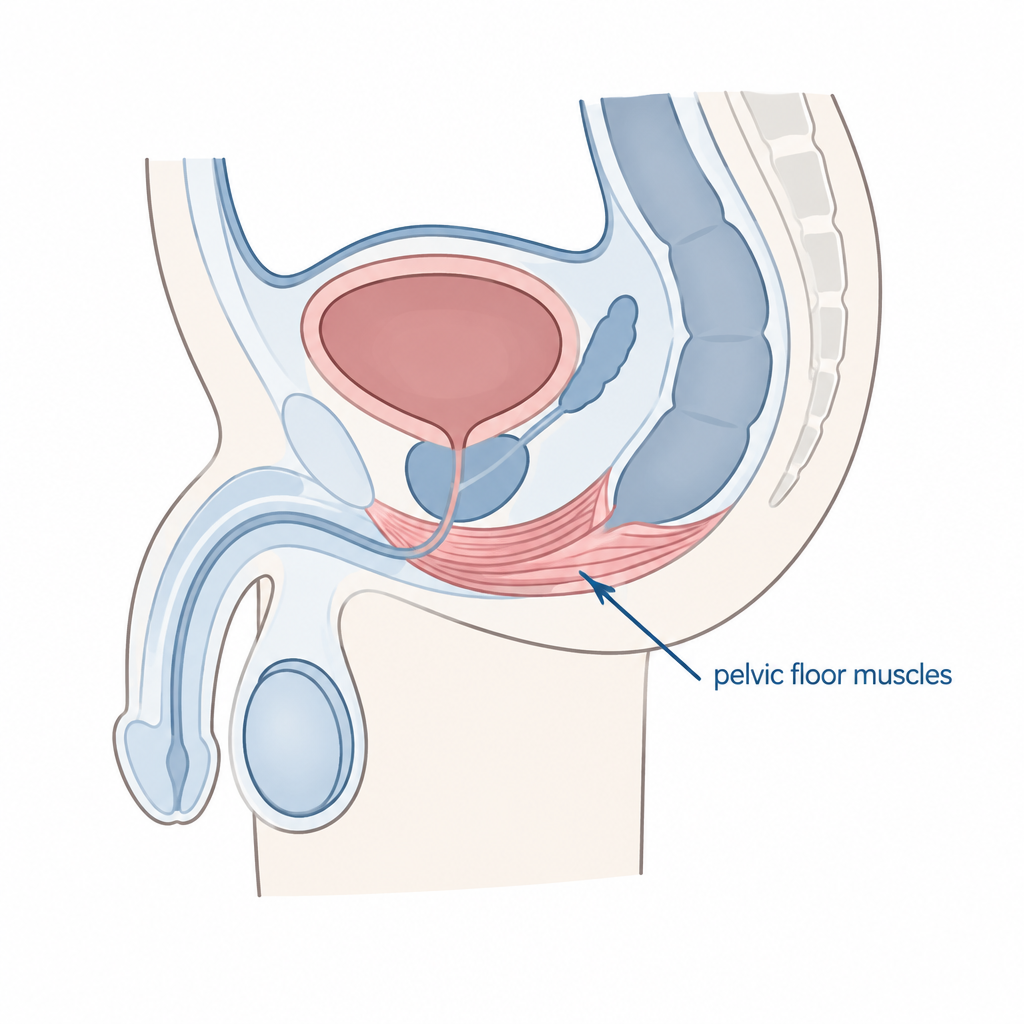 Simple labelled medical diagram showing the location of the pelvic floor muscles in men