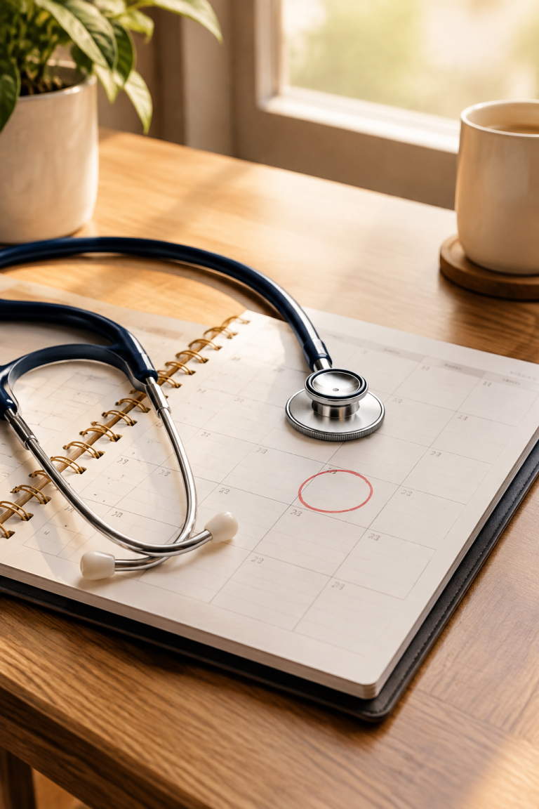 Stethoscope resting on an open appointment planner with a check-up date circled