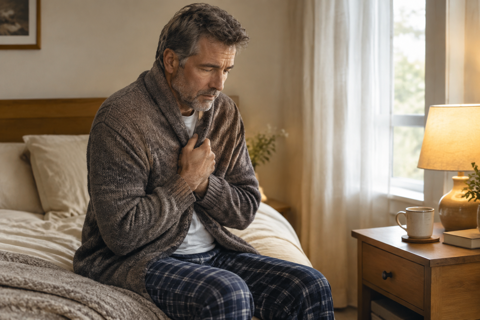 A man in his mid-50s sitting on the edge of his bed in the morning, tired and pulling a cardigan around himself against the cold