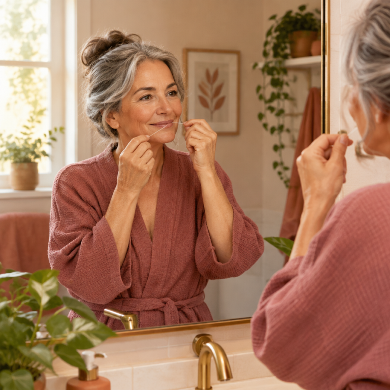 Woman in her 50s smiling gently while flossing her teeth at a bright bathroom sink