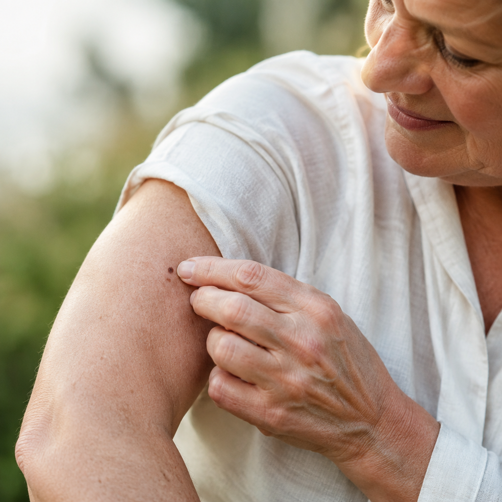 Close-up of an older adult checking a mole on their upper arm outdoors