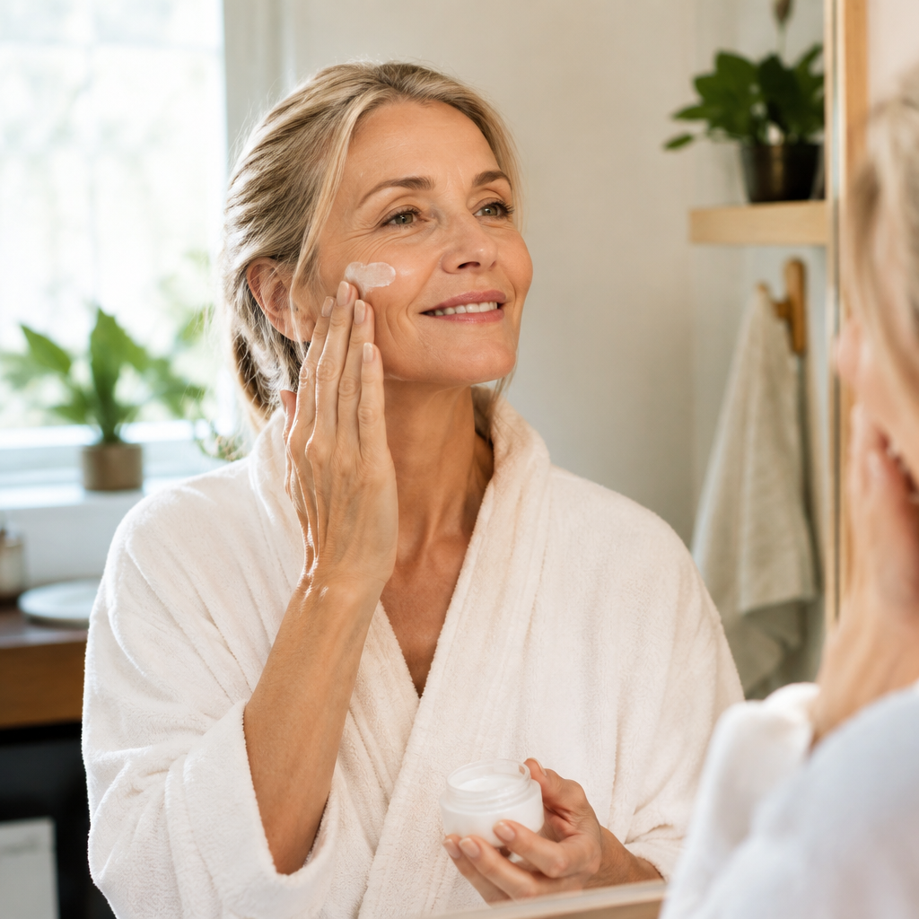 Woman in her 50s smiling while applying moisturiser in front of a bathroom mirror