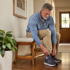 Man sitting on a hallway bench lacing up a pair of supportive walking shoes