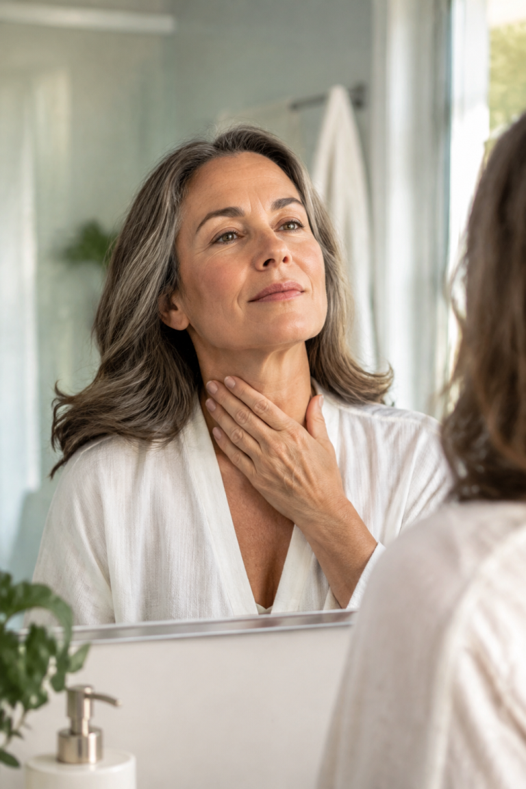 Woman gently checking the front of her throat in the mirror