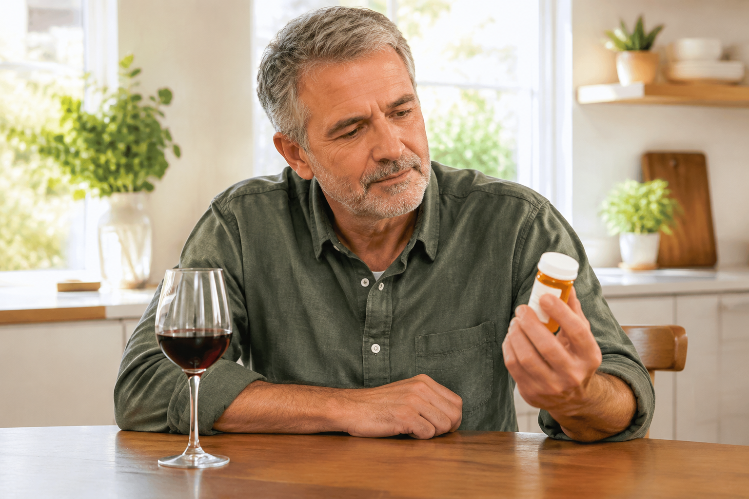 A thoughtful man in his late 50s reading a prescription medication label at his kitchen table, with a glass of wine nearby