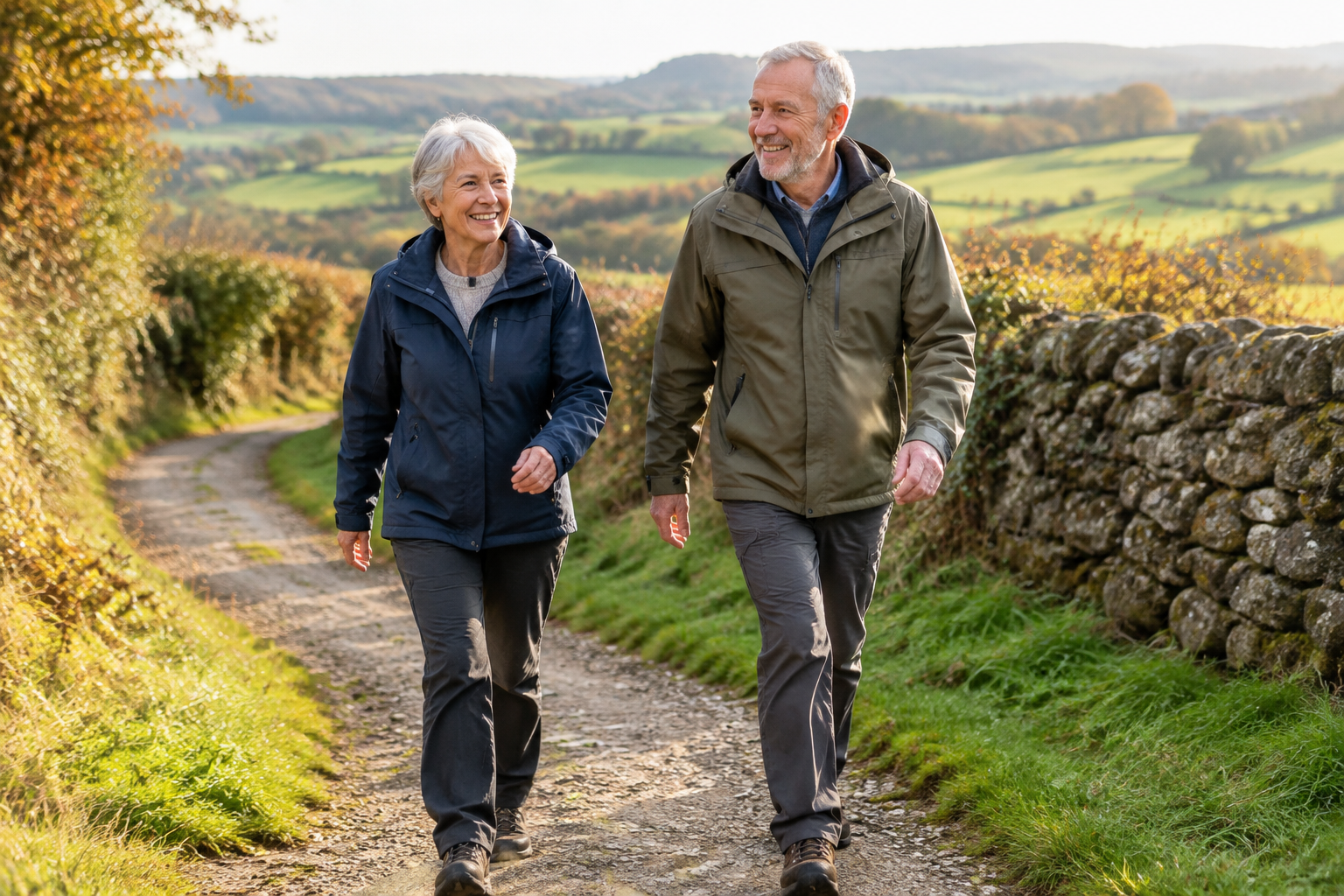 A couple in their sixties smiling as they walk briskly along a countryside path on a bright autumn morning