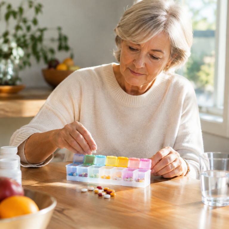 Woman sorting medications into a labelled weekly pill organiser at her kitchen table