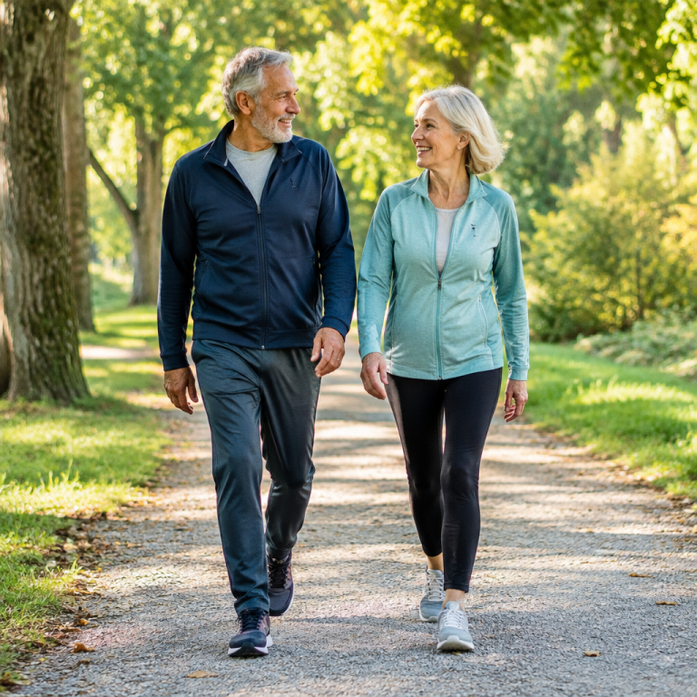 Smiling couple in their 60s walking together on a sunny tree-lined path