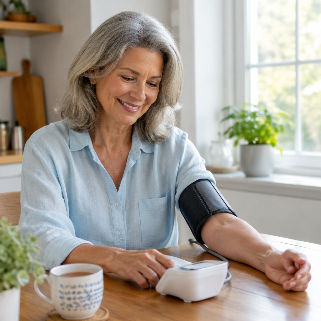Woman in her 60s checking her blood pressure at home with a monitor at the kitchen table