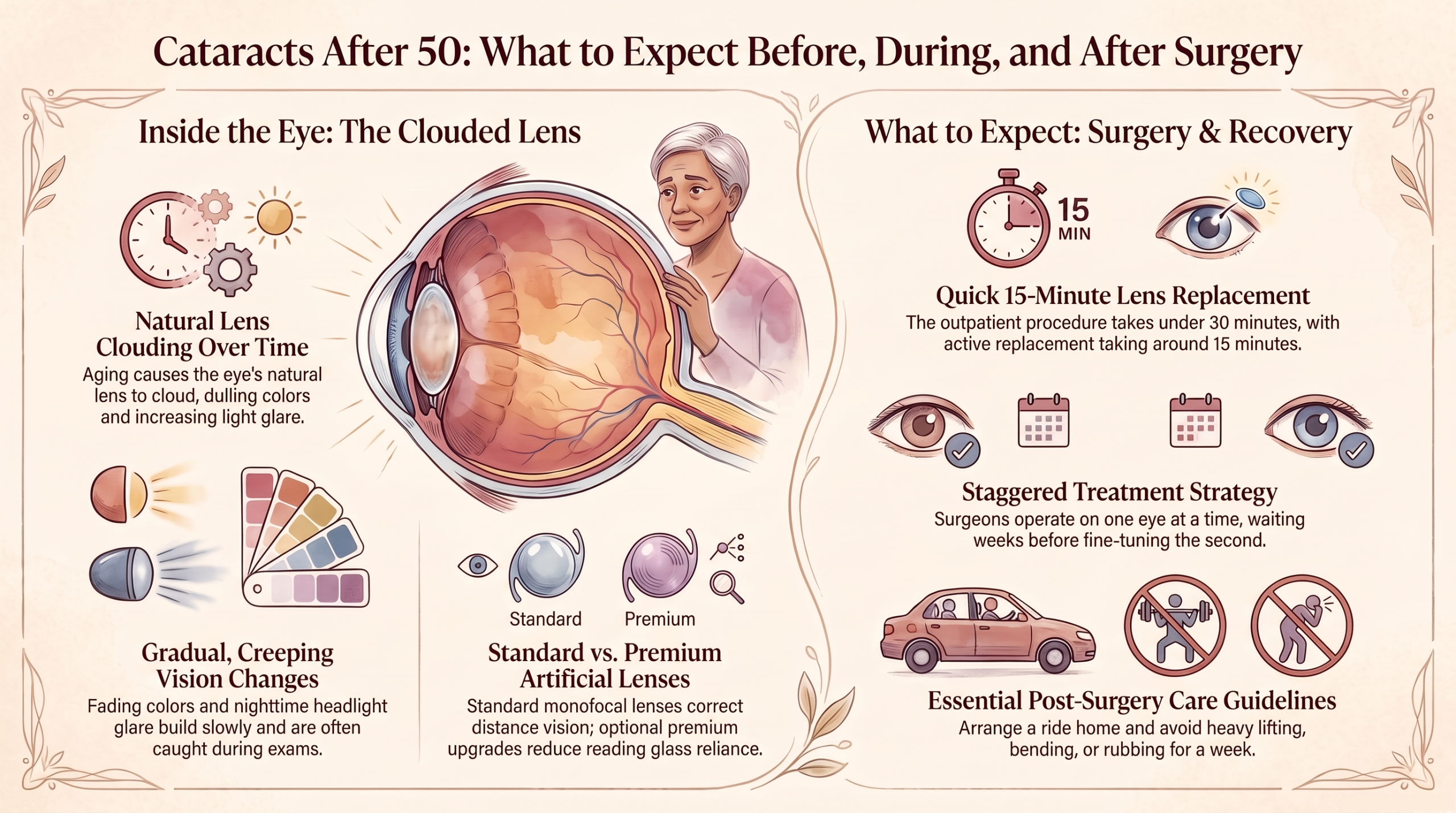 Infographic explaining what to expect before, during and after cataract surgery for adults over 50