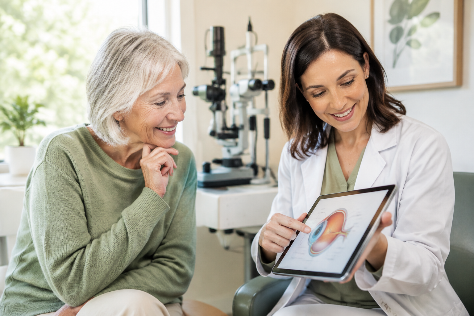 Smiling woman in her early 60s at an eye doctor's office with a female optometrist showing her a diagram