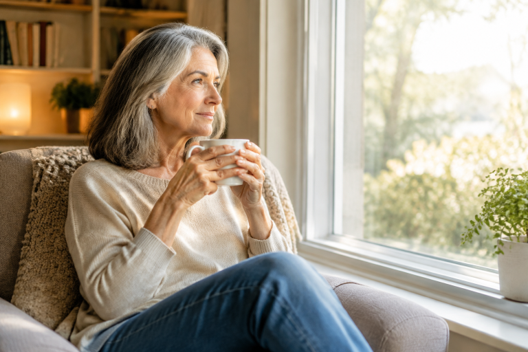 Thoughtful woman in her early 60s sitting by a sunny window at home with a cup of tea