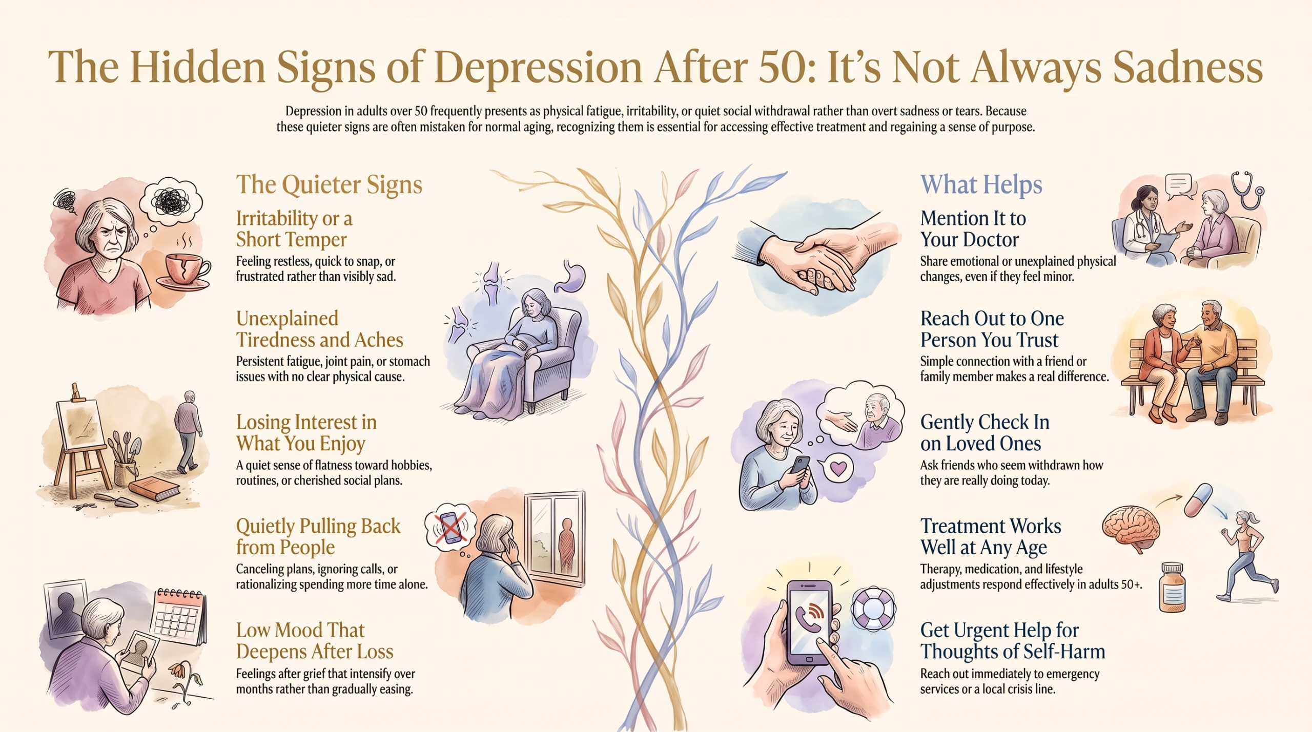 Two-column infographic showing the quieter signs of depression after 50 alongside the steps that help