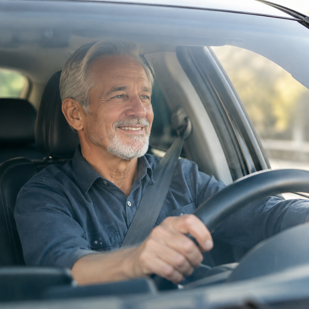 Man in his 60s driving a car in daylight with hands relaxed on the steering wheel