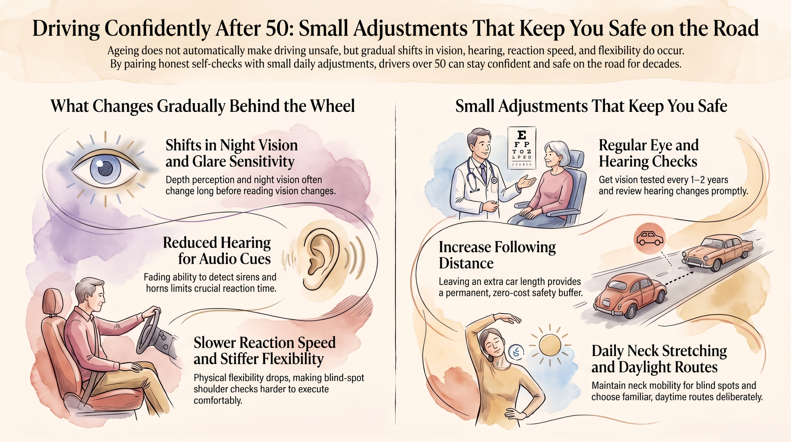 Infographic showing what changes gradually behind the wheel after 50 and the small adjustments that keep drivers safe