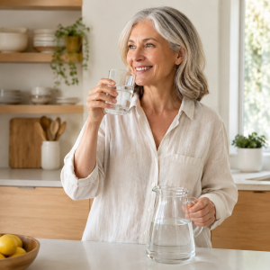 Woman in her 60s drinking a glass of water at a bright kitchen counter