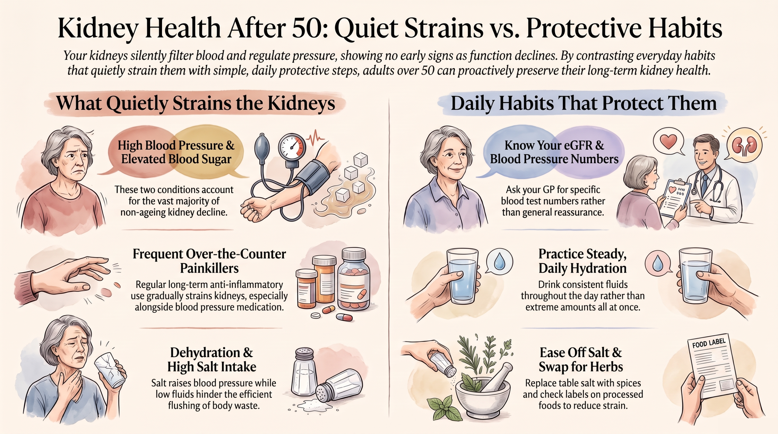 Infographic showing what quietly strains the kidneys after 50 and the daily habits that protect them