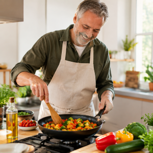 Man in his 60s cooking a colorful vegetable stir-fry in a bright home kitchen