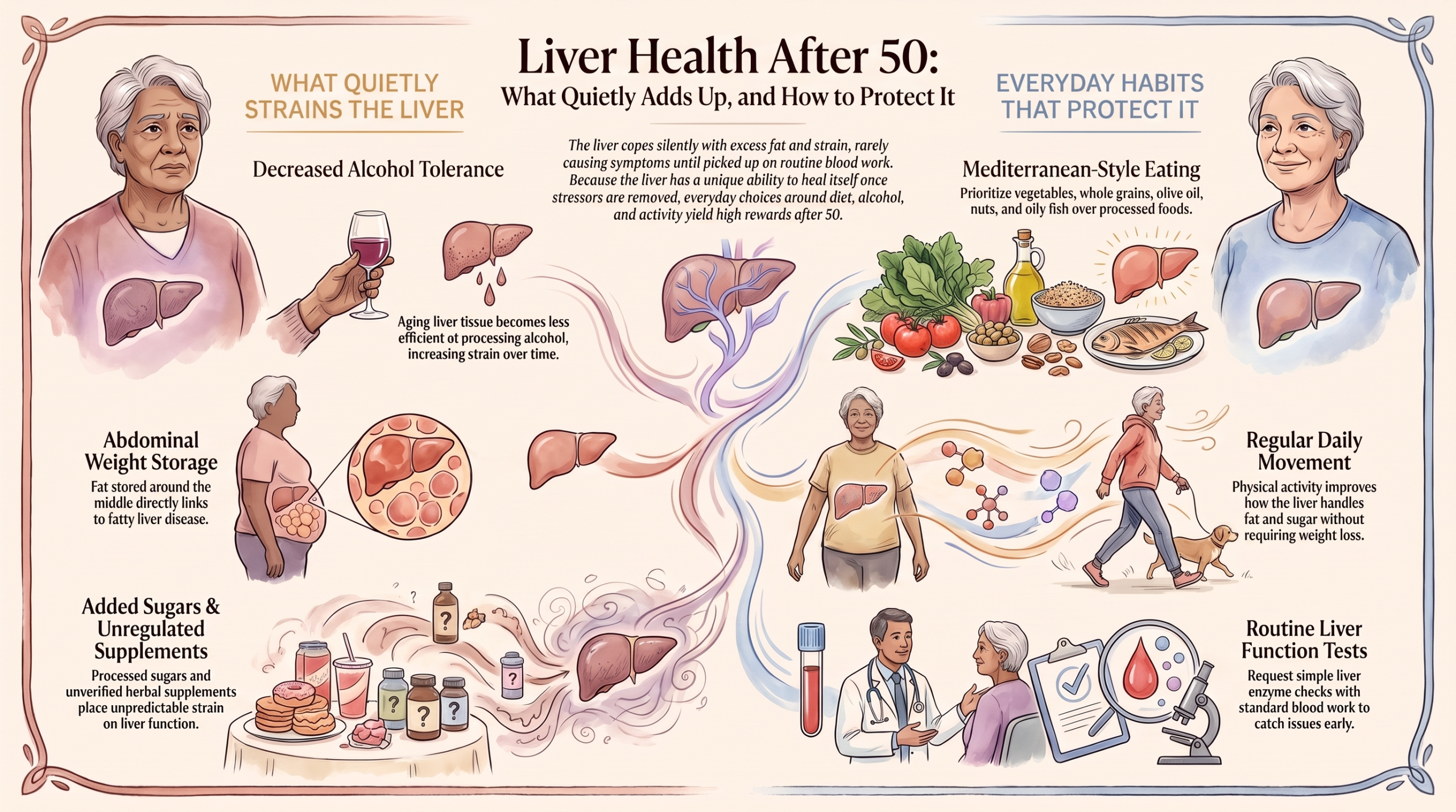 Infographic showing what quietly strains the liver after 50 and the everyday habits that protect it
