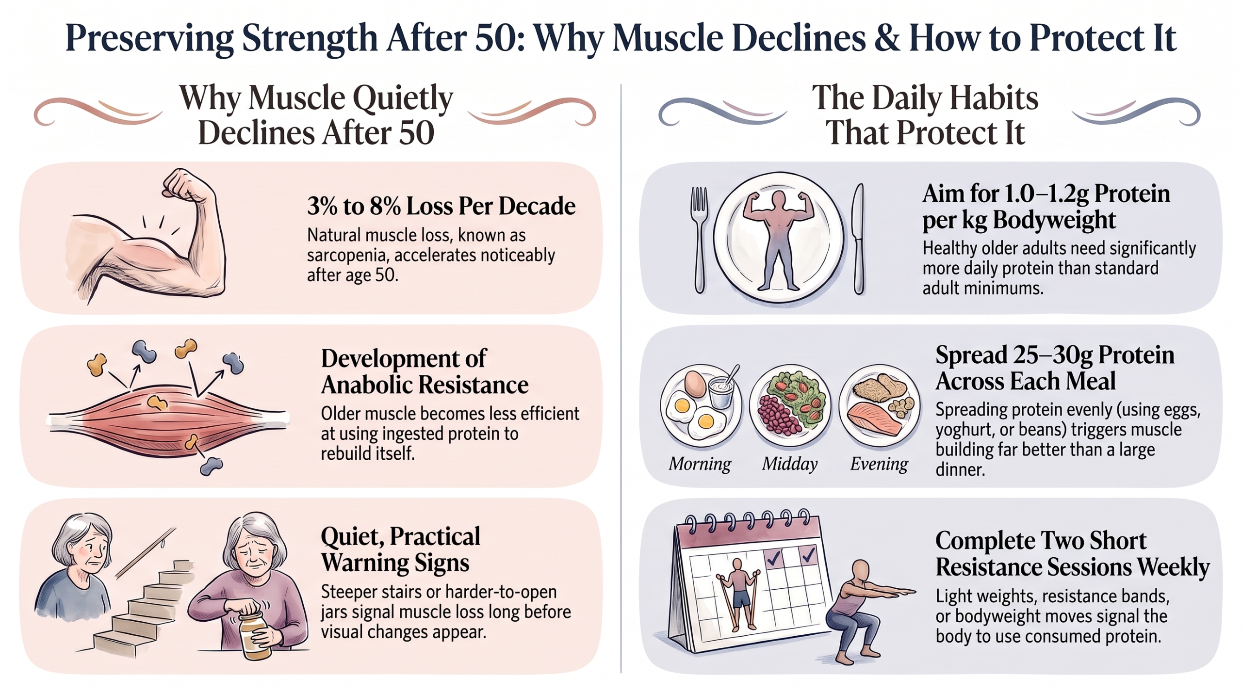 Two-column infographic comparing why muscle quietly declines after 50 with the daily habits that protect it