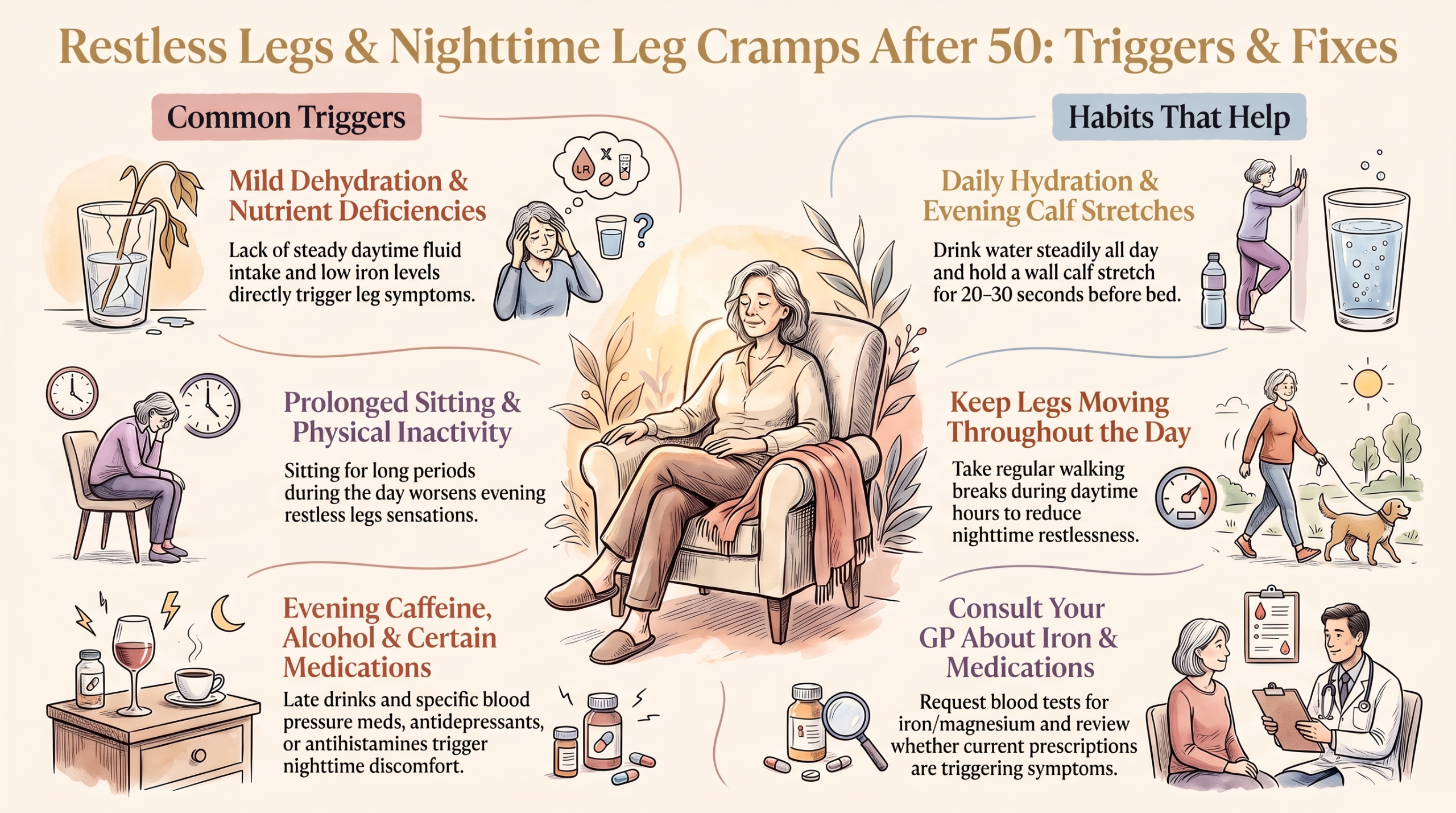 Infographic showing common triggers of restless legs and nighttime leg cramps after 50 and the habits that help