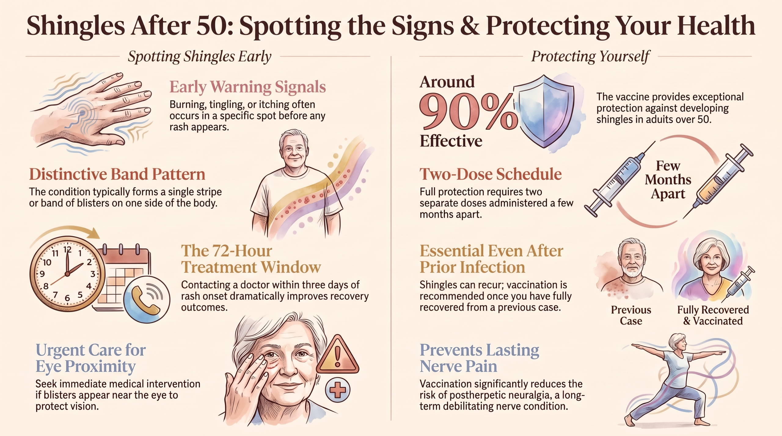 Two-column infographic on spotting shingles early and protecting yourself with the two-dose vaccine after 50