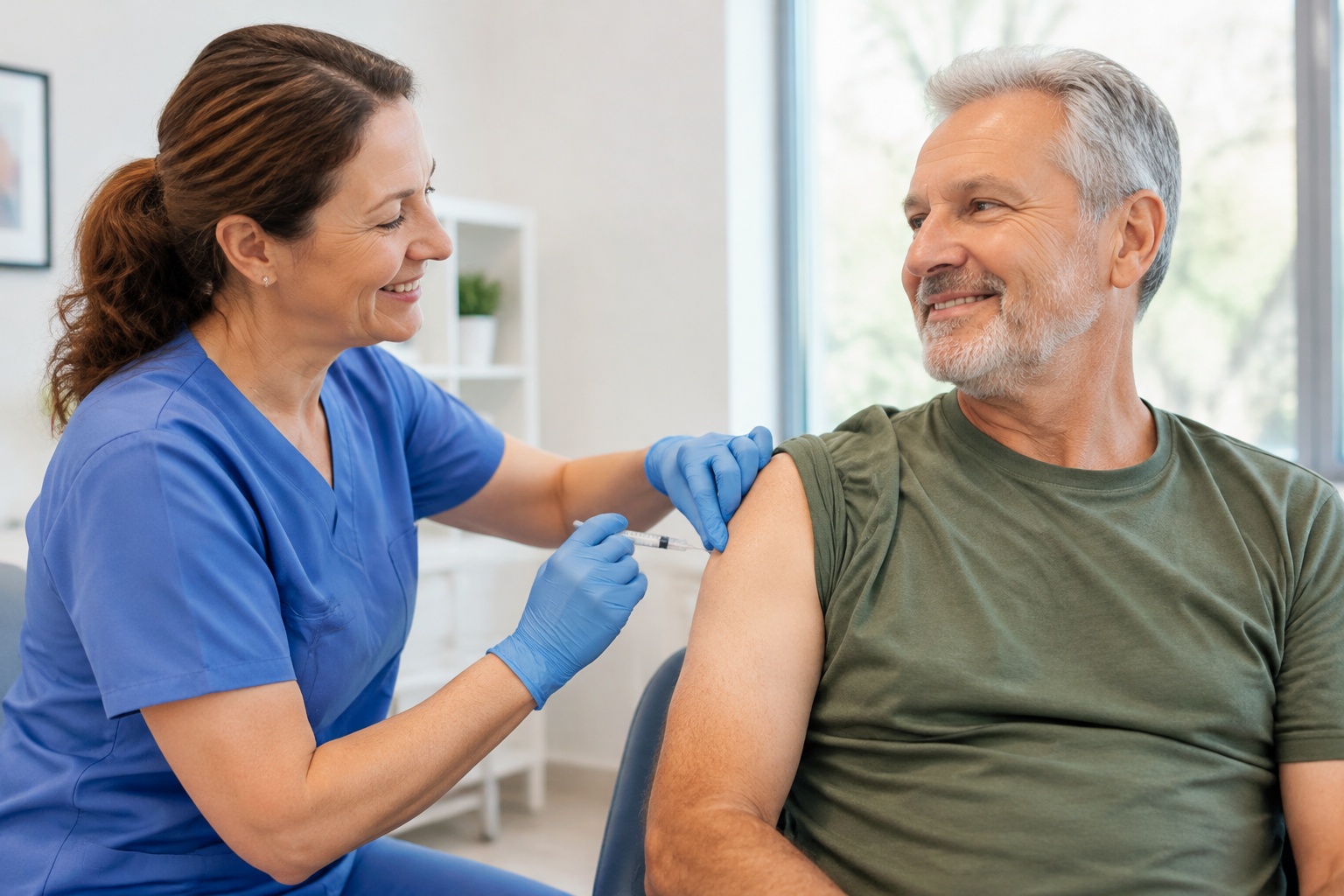 Nurse giving a vaccine to a smiling relaxed man in his early 60s in a bright clinic