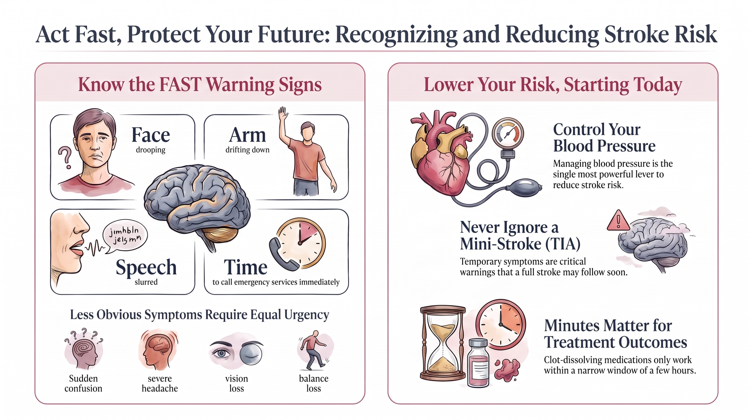 Two-column infographic covering the FAST stroke warning signs and the daily habits that lower stroke risk