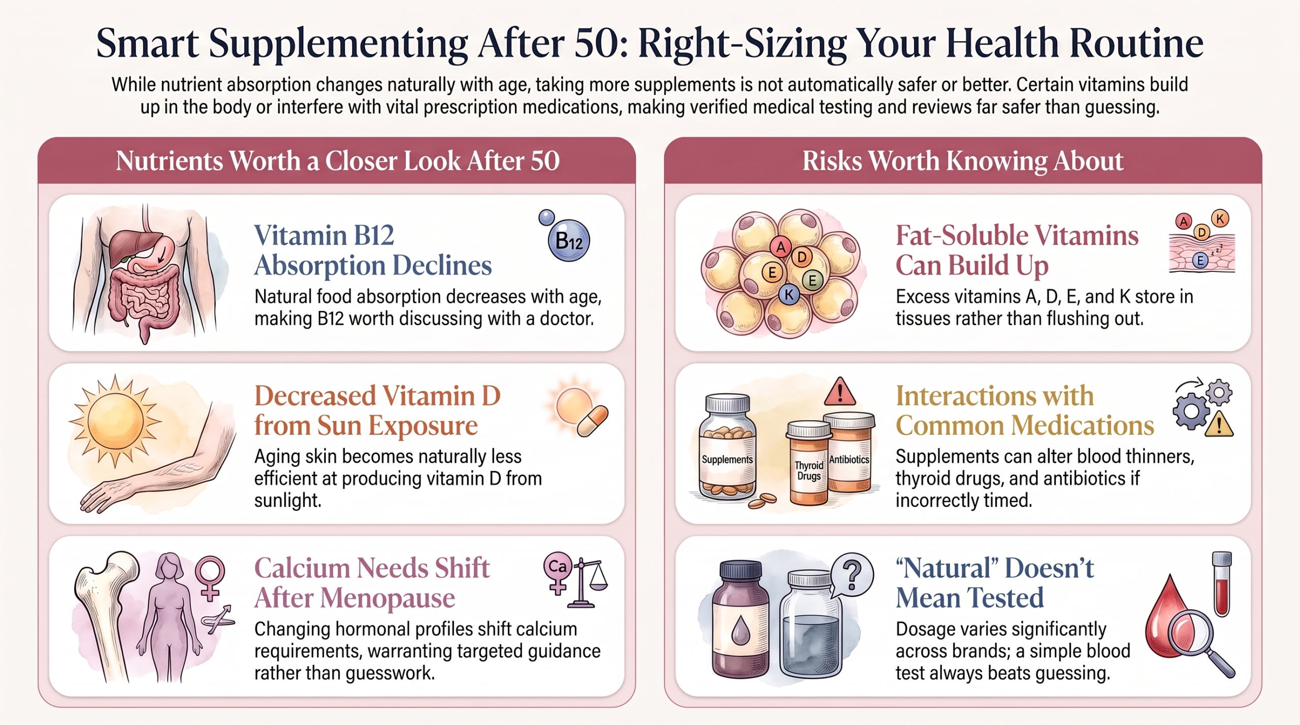 Two-column infographic comparing nutrients worth a closer look after 50 with the risks worth knowing about supplements
