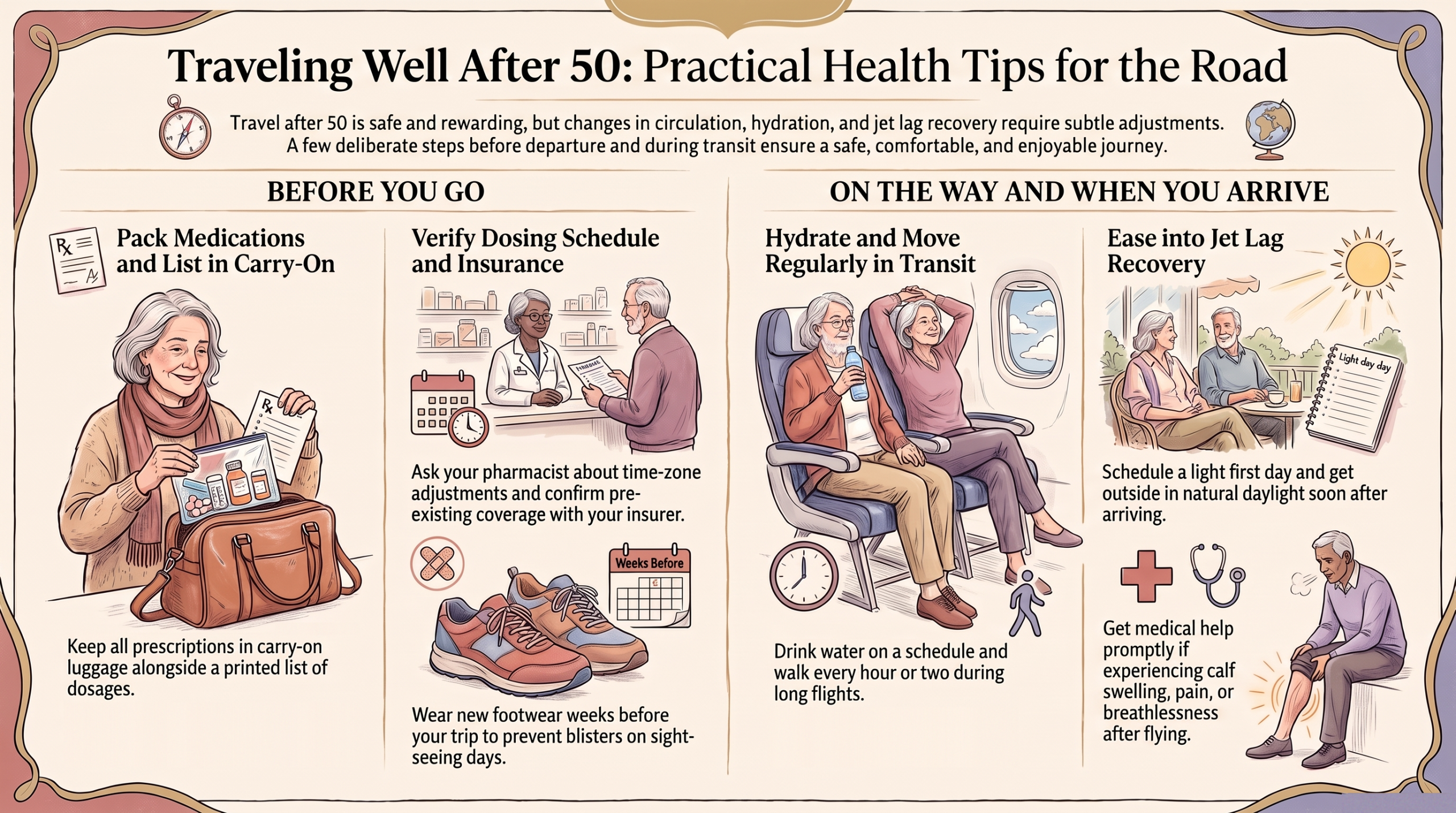 Infographic of practical travel health tips after 50, covering what to do before you go and on the way