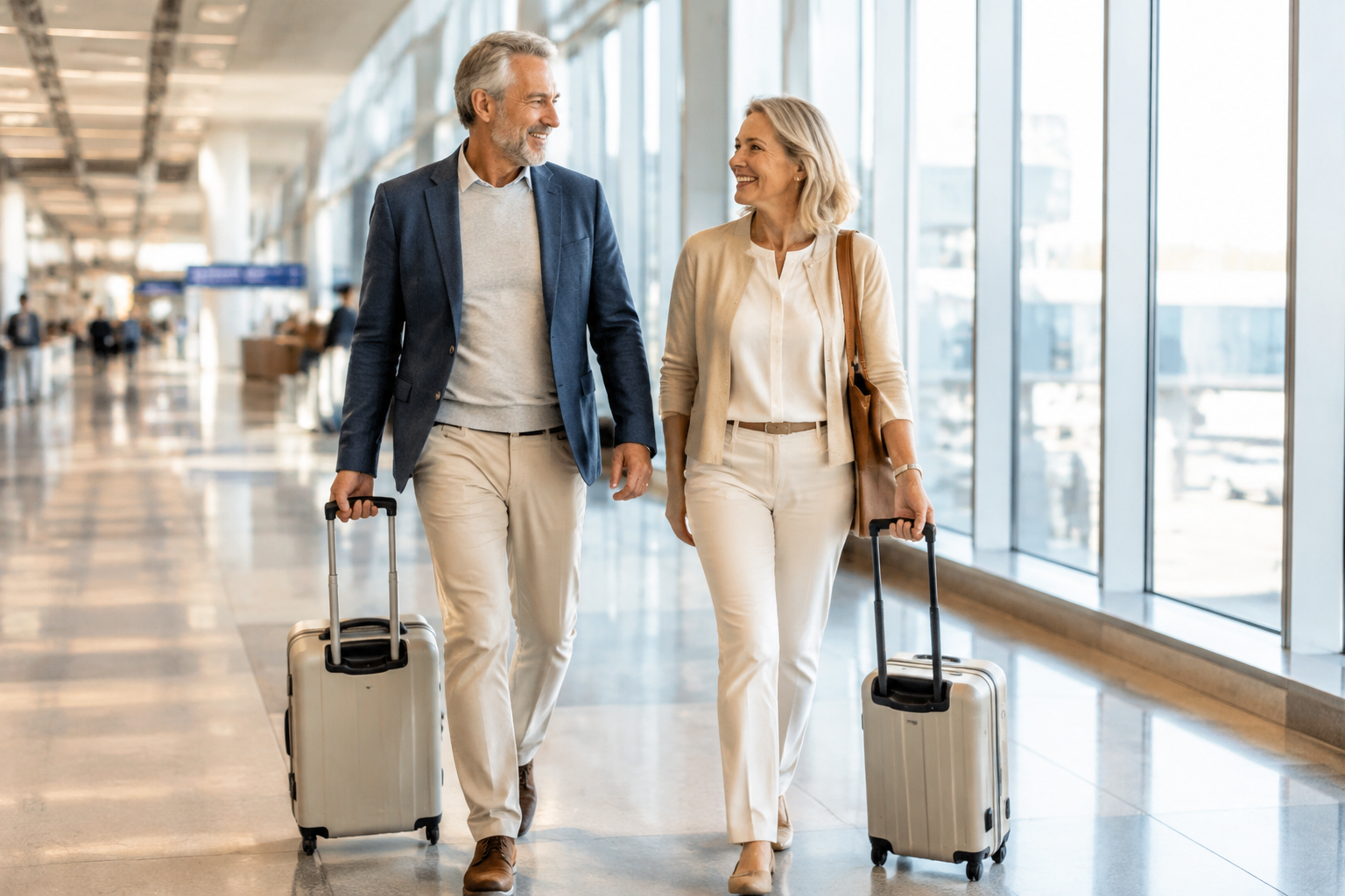 Happy couple in their early 60s walking through an airport terminal with light suitcases