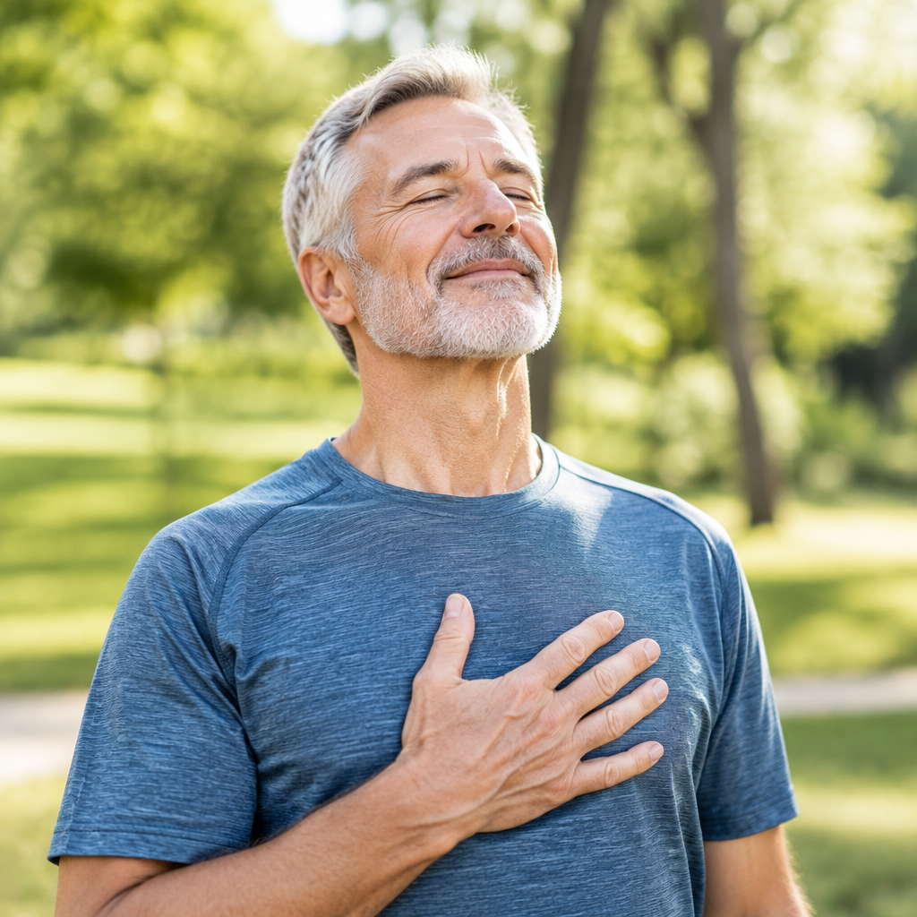 Man in his 60s standing outdoors taking a deep, calm breath in a sunny park