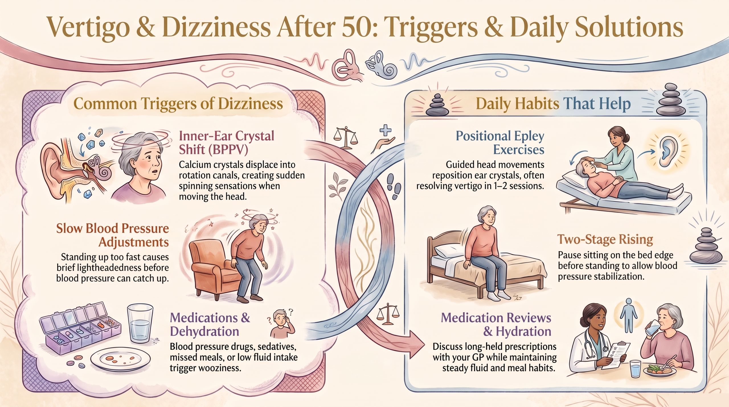 Infographic showing common triggers of vertigo and dizziness after 50 and daily habits that help