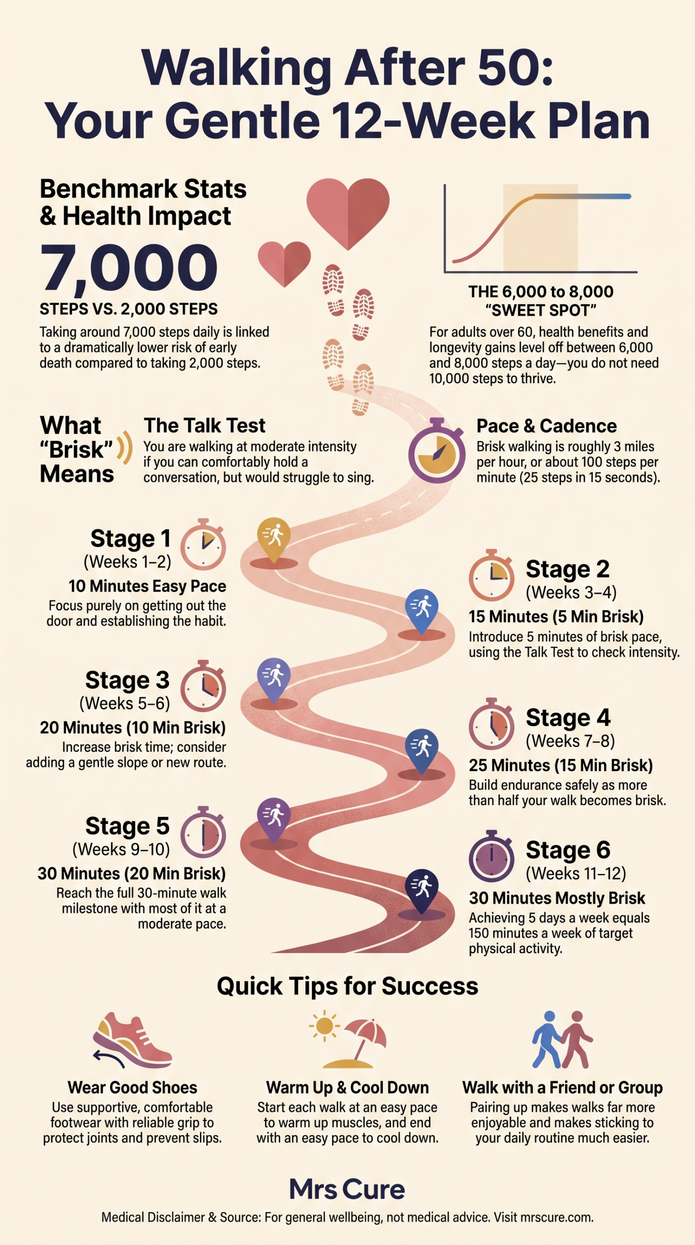 Infographic: Walking after 50, your gentle 12-week plan. Around 7,000 steps a day is linked to a much lower risk of early death than 2,000, with benefits levelling off at 6,000 to 8,000 for over-60s; brisk means you can talk but not sing, about 3 mph or 100 steps a minute; six two-week stages building from 10 easy minutes to 30 mostly brisk minutes, five days a week; plus tips on good shoes, warming up and walking with a friend