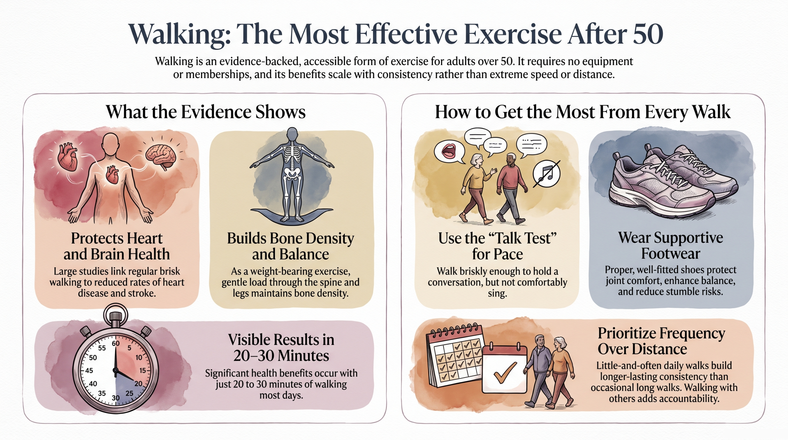 Two-column infographic comparing what the evidence shows about walking after 50 with how to get the most from every walk